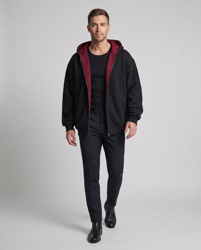 Herren Oversize-Kapuzen-Zipjacke aus schwerem French-Terry mit kontrastgefütterter Kapuze, verdecktem Reißverschluss und Eingrifftaschen Nord Taschen