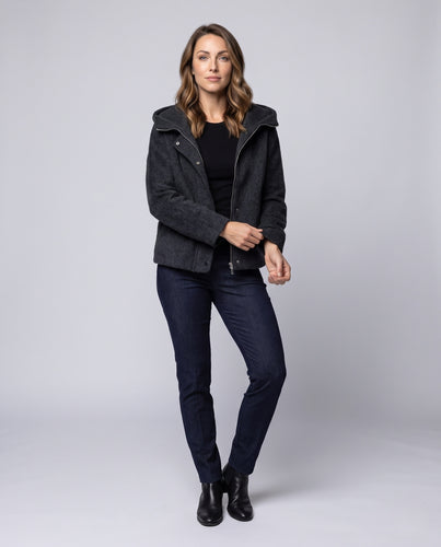 Damen Oversize Kapuzen‑Wollmix‑Jacke mit hohem Kragen und Reißverschluss Nord Taschen