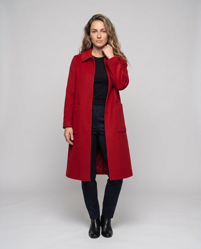 Damen Premium Wollmix-Longcoat mit minimalistischer Nahtführung, Hemdkragen und Zierknopfleiste Nord Taschen