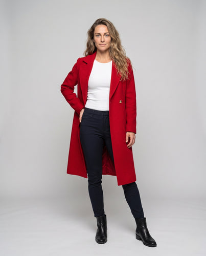 Damen Schlanker Longcoat aus Wollmix mit seitlichem Bindeband und goldenen Zierknöpfen Nord Taschen