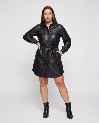 Damen taillierte Hemdjacke aus Lederoptik mit Bindegürtel Nord Taschen