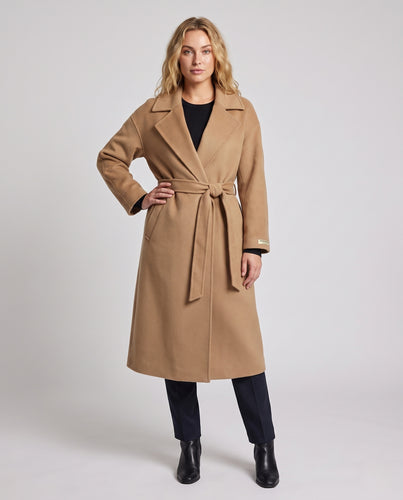 Damen Taillierter Wickel-Longcoat aus Wollmix mit breitem Umlegekragen und Ziernaht Nord Taschen