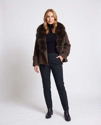 Damen Wollmix-Cropped-Mantel mit voluminösem abnehmbarem Pelzkragen Nord Taschen