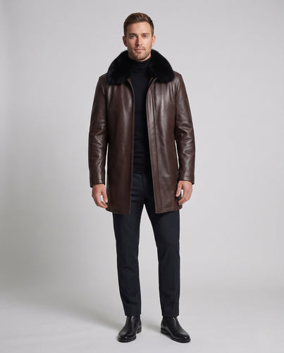 Herren eleganter Lederkurzmantel mit verdeckter Front und abnehmbarem Fellkragen Nord Taschen