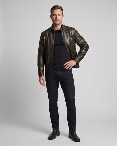 Herren Glatte Lederoptik‑Jacke mit Stehkragen, verdecktem Reißverschluss und formgebenden Nähten Nord Taschen