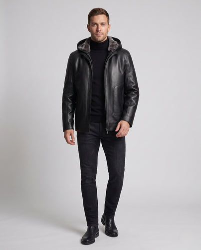 Herren Kapuzen-Lederjacke aus Lederimitat mit Teddyfutter und verdecktem Reißverschluss Nord Taschen