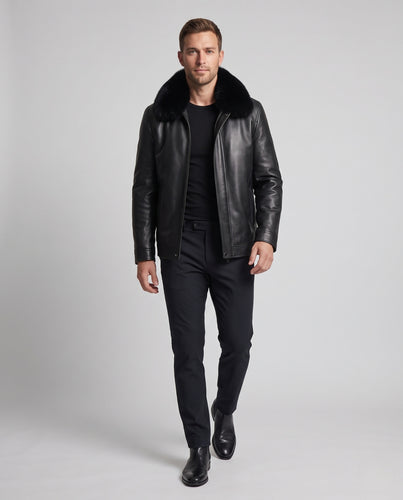 Herren Kurzlederjacke mit voluminösem Pelzkragen und verdeckter Reißverschlussfront Nord Taschen
