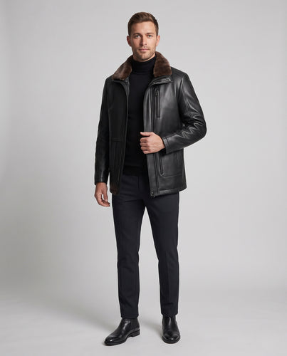 Herren Lederjacke mit abnehmbarem Kunstpelzkragen, verdecktem Reißverschluss und Brusttasche Nord Taschen