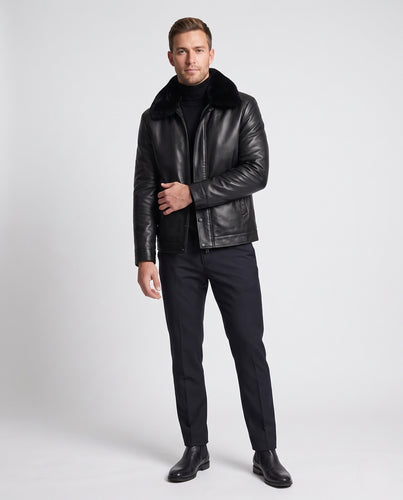 Herren Lederjacke mit voluminösem Kunstpelzkragen und minimalistischer Frontblende Nord Taschen