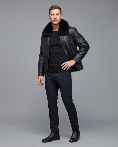 Herren Luxuriöse kurz geschnittene Lederblouson‑Jacke mit abnehmbarem Fellkragen Nord Taschen