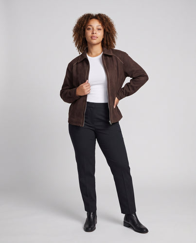 Damen Boxy-Jacke aus Veloursimitat mit Ziernähten und Metall-Reißverschluss Nord Taschen
