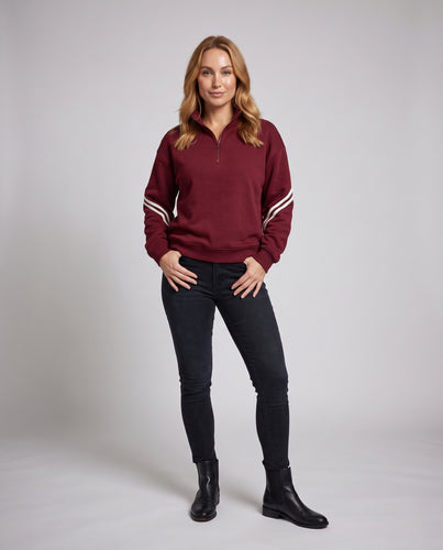 Damen Halbzip-Sweatshirt mit hohem Stehkragen, lockerer Oversize-Passform und kontrastierenden Streifenärmel Nord Taschen