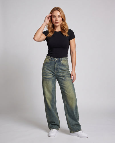 Damen hochtaillierte Baggy-Jeans mit weiter Beinführung und Used-Waschung Nord Taschen