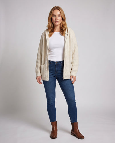 Damen Kuschelige Oversize-Strickjacke mit Kapuze, Zopfblende und Zwei-Wege-Reißverschluss Nord Taschen