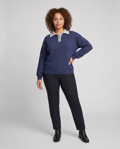 Damen Oversize Polokragen-Strickpullover mit Kontrastkragen und Knopfleiste Nord Taschen