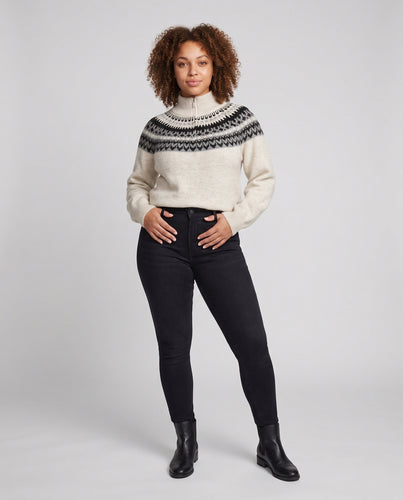 Damen Oversize Strickpullover mit Norweger-Jacquard, halbzip und Stehkragen Nord Taschen