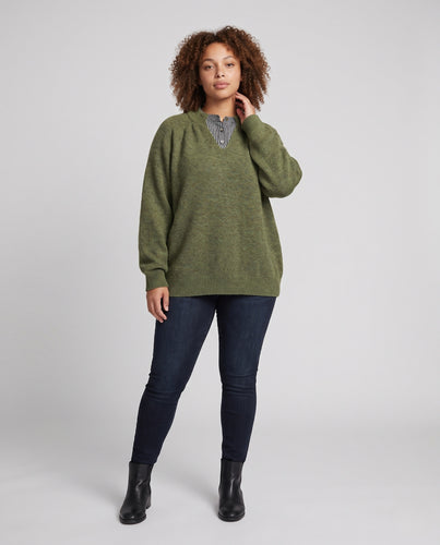 Damen Oversize-Strickpullover mit V-Ausschnitt und integriertem Hemdkragen Nord Taschen