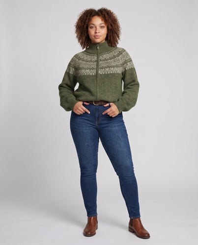 Damen Oversize-Zip-Strickjacke mit Norweger‑Jacquard und Stehkragen Nord Taschen