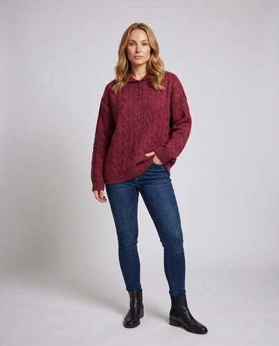 Damen Oversize Zopfstrick-Pullover mit Schalkragen und Knopfleiste Nord Taschen