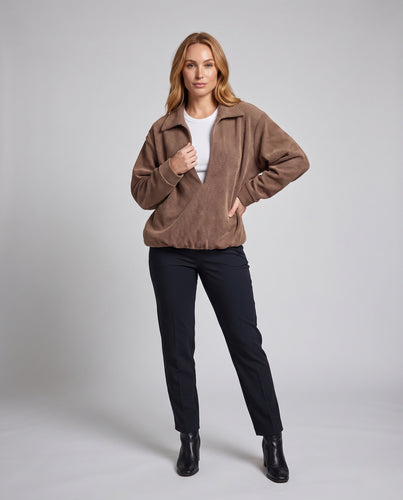 Damen Strukturierter Oversize-Strick-Blouson mit Hemdkragen, tiefem V-Ausschnitt und Tunnelzugsaum Nord Taschen