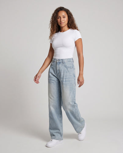 Damen Extraweite Denim-Palazzohose mit hoher Bundführung, Kellerfalten und ballonförmiger Beinweite Nord Taschen