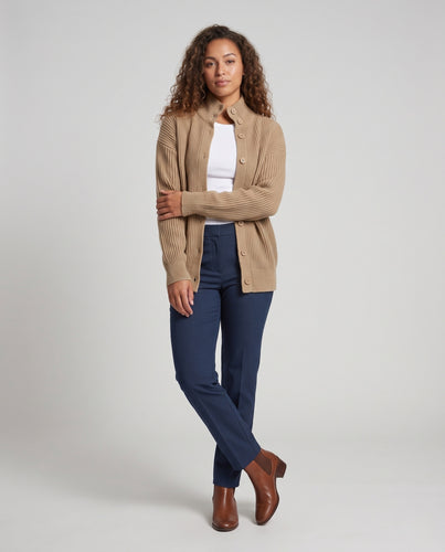 Damen Gerippte Oversize-Strickjacke mit hohem Stehkragen und durchgehender Knopfleiste Nord Taschen