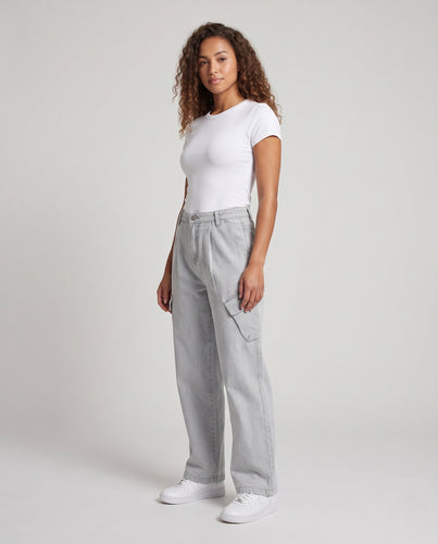 Damen Hochgeschnittene Denim-Palazzohose mit Utility-Klappentaschen und lockerer Beinweite Nord Taschen