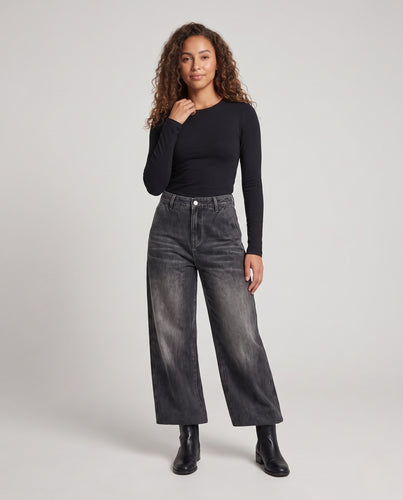 Damen Hochtaillierte Denim-Palazzohose mit weitem Bein und elastischem Ballonsaum Nord Taschen