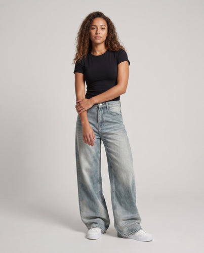 Damen Hochtaillierte Extraweite Denim-Palazzohose mit Vintage-Falten Nord Taschen