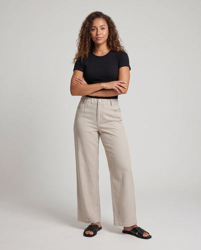 Damen Hochtaillierte weite Chinohose mit geradem Bein und elastischem Rückbund Nord Taschen