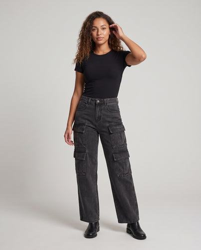 Damen Hochtaillierte Weite Denim-Cargo-Palazzohose mit Mehrfachtaschen und Vintage-Waschung Nord Taschen