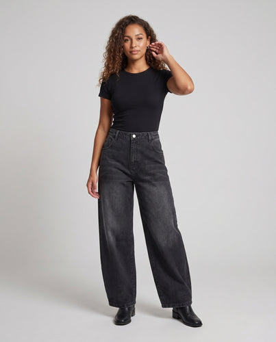 Damen Hochtaillierte weite Denim-Palazzo-Hose mit Balloon-Cut und Used‑Waschung Nord Taschen