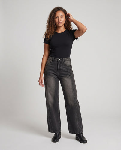 Damen Hochtaillierte weite Denim-Palazzohose mit sichtbarer Mittelnaht und relaxed Fit Nord Taschen