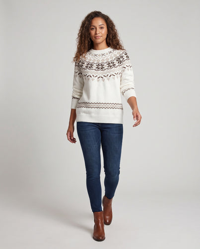 Damen Oversize Norwegerstrickpullover mit Jacquard‑Yoke und Rundhalsausschnitt Nord Taschen