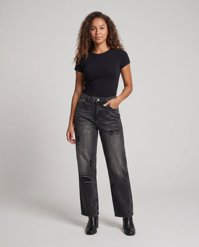 Damen Weite hochtaillierte Distressed-Denimhose mit elastischem Bund Nord Taschen