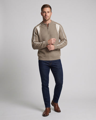 Unisex Strukturierter Strickpullover mit halbem Reißverschluss und kontrastierenden Einsätzen Nord Taschen