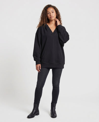 Damen Oversize V-Ausschnitt Sweatshirt mit Kängurutasche und überschnittenen Schultern Nord Taschen