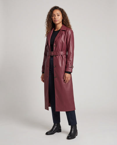 Damen langer veganer Leder-Trenchcoat mit Taillengürtel und Reverskragen Nord Taschen