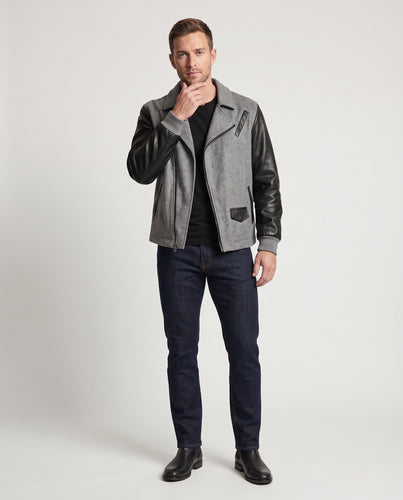 Herren Kurze Woll-Lederjacke im Biker-Mix mit Kontrastärmeln Nord Taschen