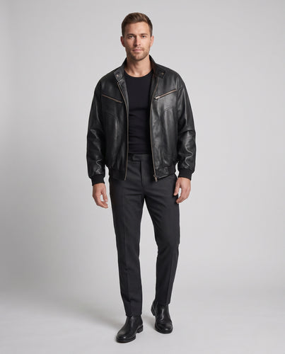 Herren Oversized Bomberjacke in Lederoptik mit Doppelreißverschluss und Rippbündchen Nord Taschen