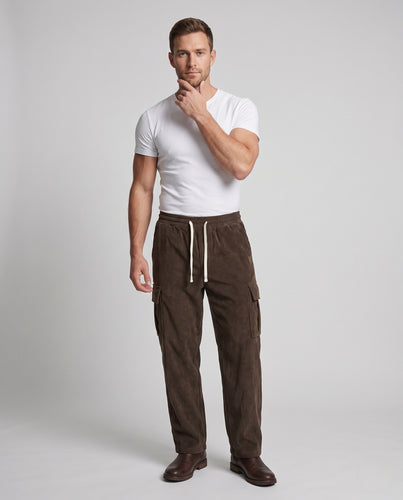 Herren Weite Cord-Cargo-Palazzohose mit elastischem Tunnelzugbund und Klappentaschen Nord Taschen