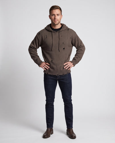 Unisex Grobstrick-Kapuzenpullover im Destroyed-Look mit gerippten Bündchen Nord Taschen