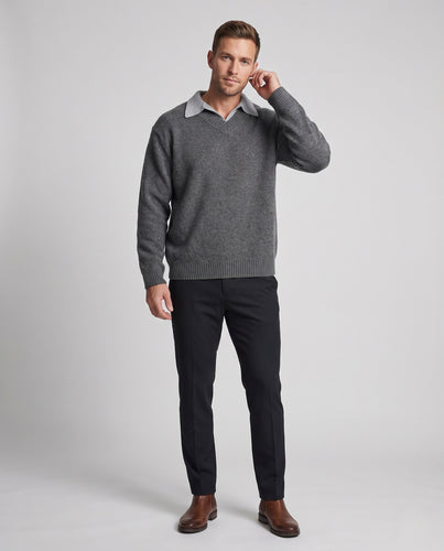 Unisex Lockerer Oversize-Strickpullover mit kontrastierendem Hemdkragen und geripptem Saum Nord Taschen