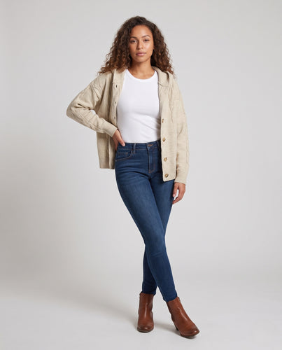 Damen Zopfmuster-Kapuzencardigan mit Holzknopfleiste und überschnittenen Ärmeln Nord Taschen