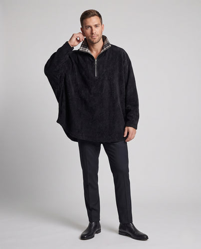 Herren Oversize Fleece-Pullover mit Halbzip, strukturiertem Waffelstrick und Kontrastkragen Nord Taschen