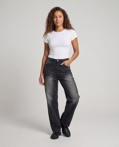 Damen High‑Waist Baggy-Jeans mit weitem Bein, Used‑Waschung und Sprüh‑Effekt Nord Taschen