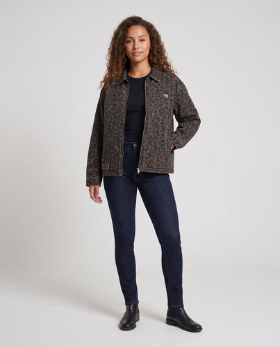 Damen Oversized Jeansjacke im Leoprint mit durchgehendem Reißverschluss und Hemdkragen Nord Taschen