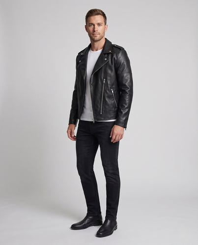 Herren Biker-inspirierte Lederoptikjacke mit Reverskragen, Reißverschlussärmeln und taillierter Passform Nord Taschen
