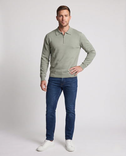 Herren Feinstrick-Halbzip-Poloshirt mit Reißverschlusskragen und gerippten Bündchen Nord Taschen