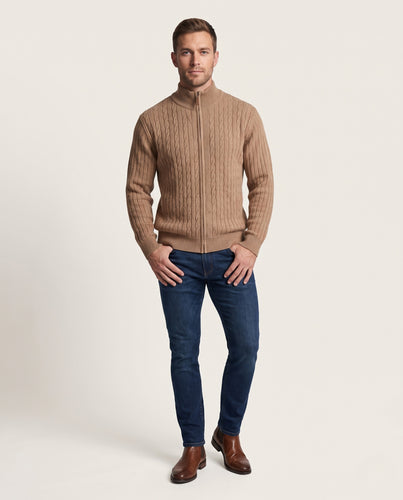 Herren Grobgestrickter Half-Zip Pullover mit Zopfmuster und Stehkragen Nord Taschen